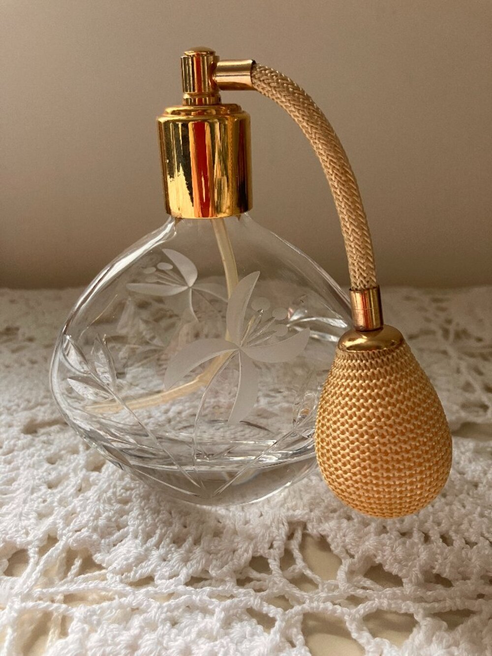 Vintage Glass Etched Perfume Bottle with Atomizer